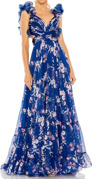 Mac Duggal Ruffle Tiered Floral Cut-Out Chiffon Gown