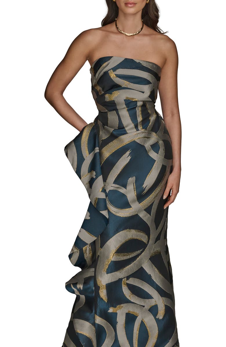 Donna Karan New York Ruffle Strapless Metallic Jacquard Trumpet Gown, Alternate, color, Tide/ Sand