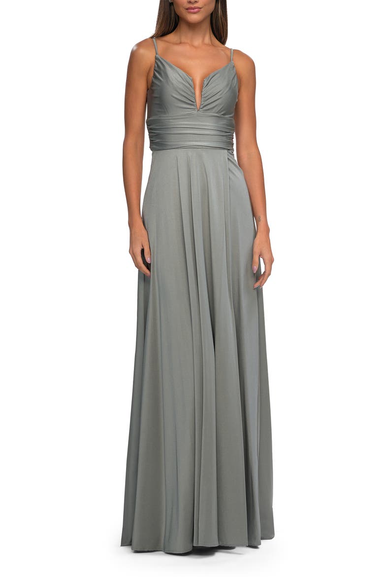 Versatile Long Jersey Gown with V and Slit, Alternate, color, Silver