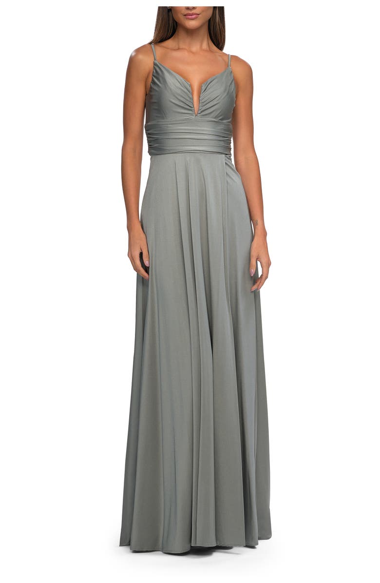 La Femme Versatile Long Jersey Gown with V and Slit, Alternate, color, Silver