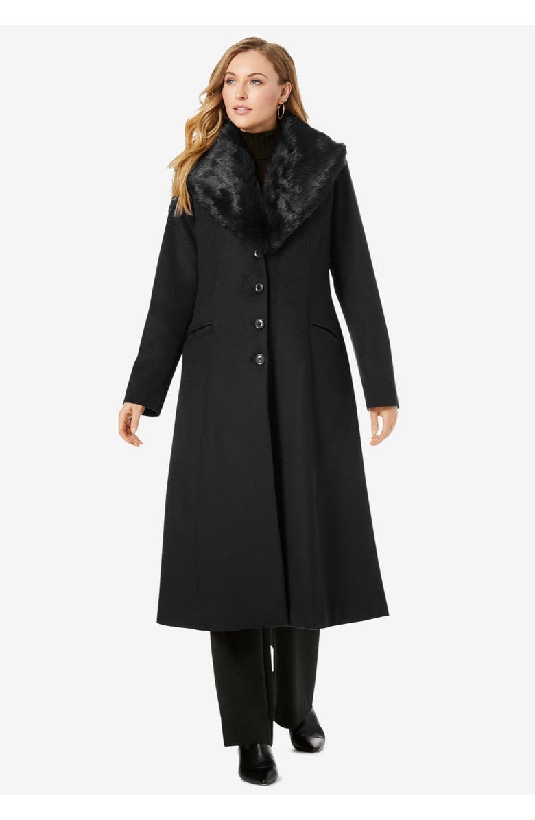 Jessica London Long Wool-Blend Coat with Faux Fur Collar, Alternate, color, Black