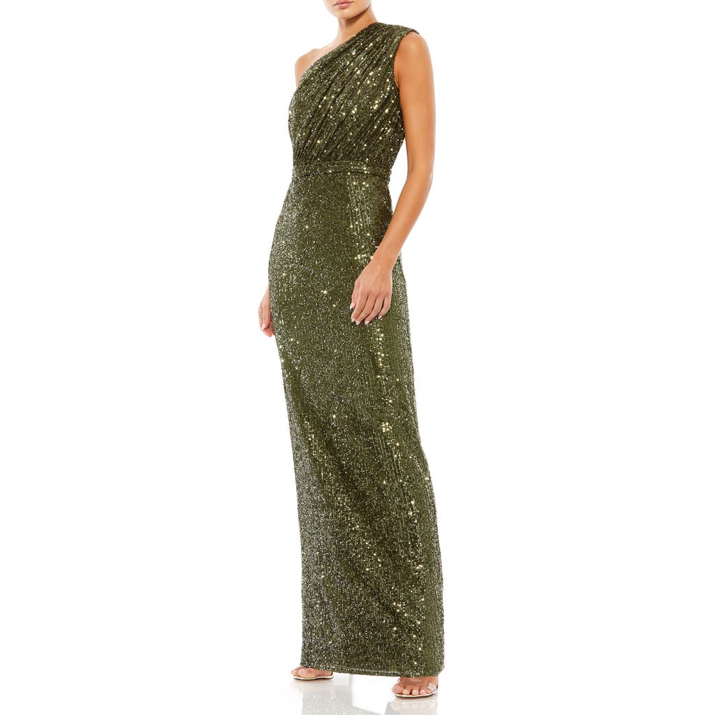 Mac Duggal Petite One Shoulder Ruched Sequin Evening Gown in Olive at Nordstrom, Size 12
