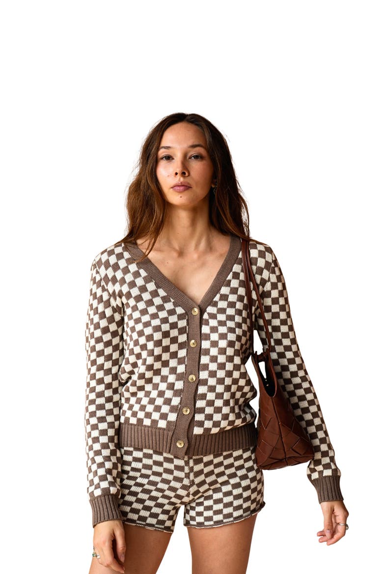 Annie Checked Knit Cardigan, Main, color, Brown