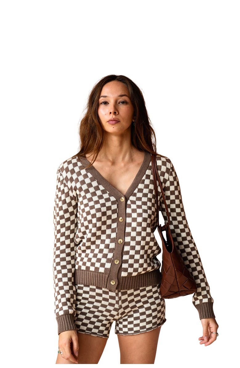 PINK HALEY Annie Checked Knit Cardigan, Main, color, Brown