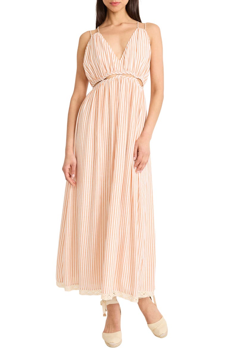 The Good Journey Cutout Stripe Midi Dress, Main, color, Caramel/ White