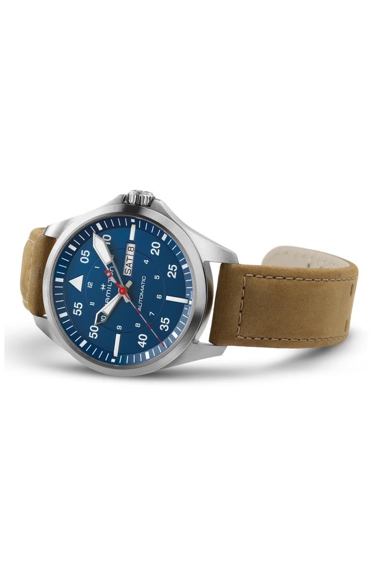 Khaki Aviation Pilot Automatic Leather Strap Watch, 42mm, Alternate, color, BLUE