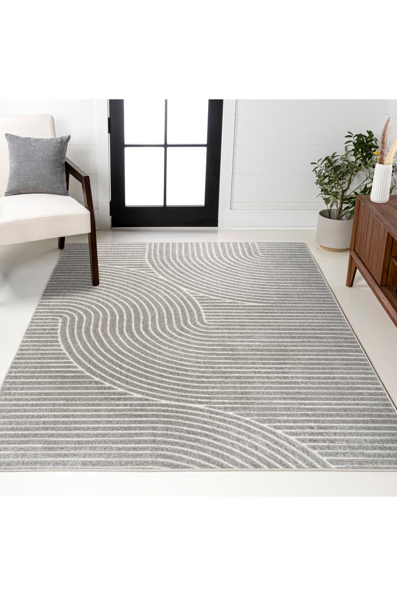Hallie High-Low Minimalist Curve Geometric Indoor/Outdoor Area Rug, Alternate, color, Gray/Ivory