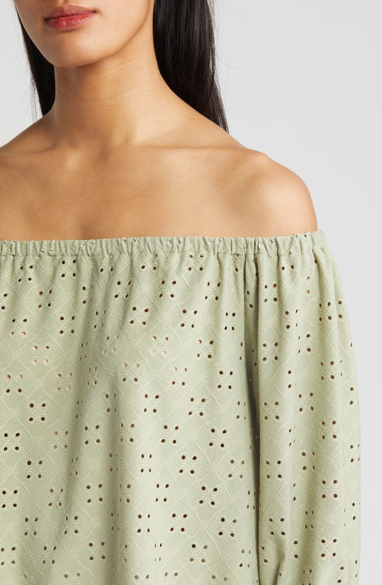 Loveappella Eyelet Off the Shoulder Top, Alternate, color, Sage