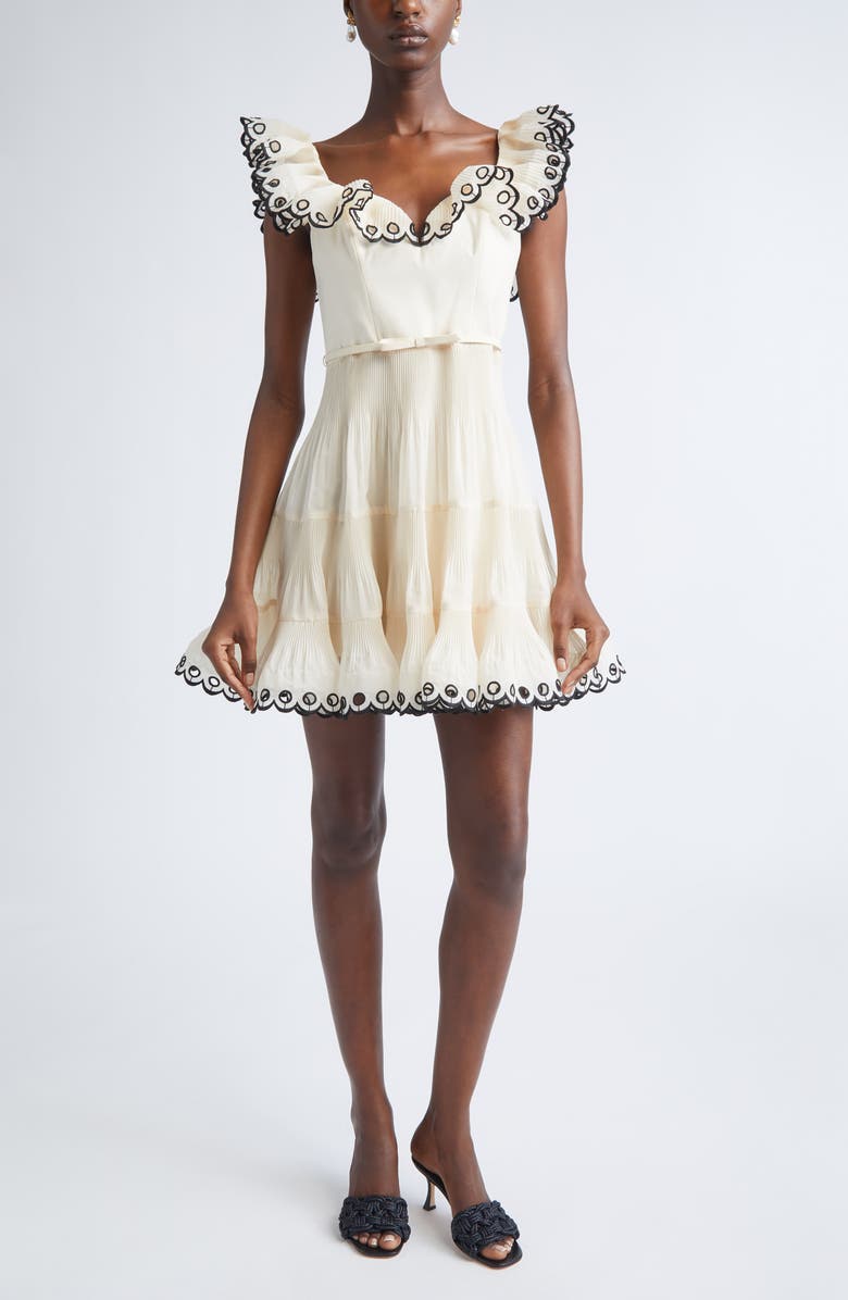 Zimmermann Scalloped Eyelet Trim Belted Minidress, Main, color, Cream