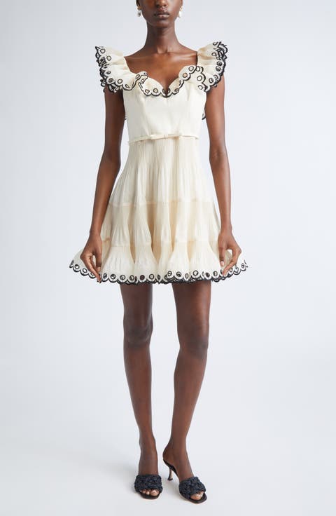 Scalloped Eyelet Trim Belted Minidress (Regular & Petite)