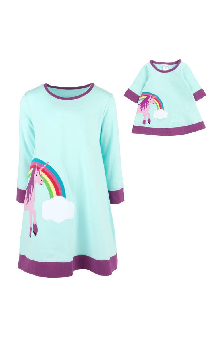 Girls Cotton Dress with Matching Doll Dress, Printed Design, Alternate, color, AQUA