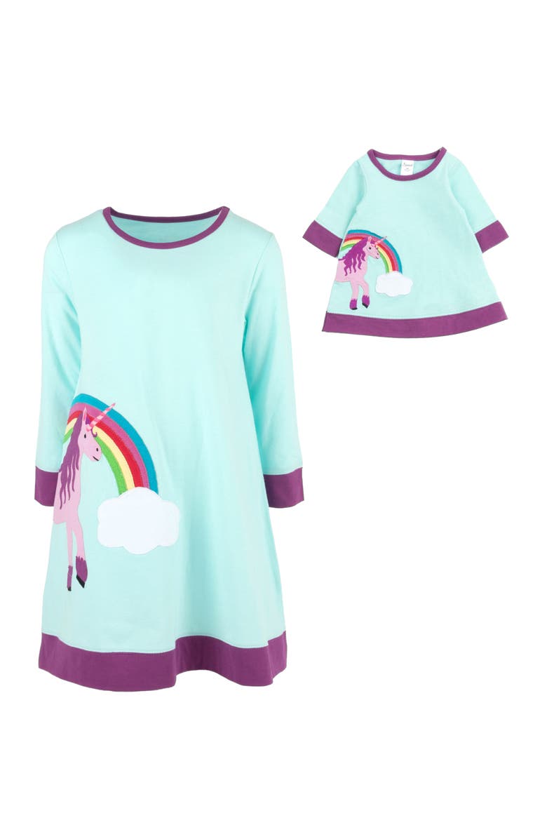 Leveret Girls Cotton Dress with Matching Doll Dress, Printed Design, Alternate, color, Aqua Unicorn