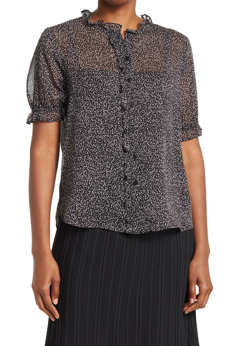 Sheer Ruffle Front Sleeve Blouse, Main, color, BLACK IVORY MINI TEAR DROP