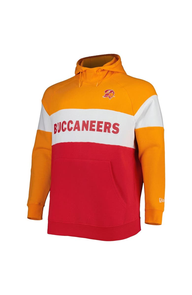 New Era Men's New Era Orange/Red Tampa Bay Buccaneers Big & Tall Throwback Colorblock Fleece Raglan Pullover Hoodie, Alternate, color, Red