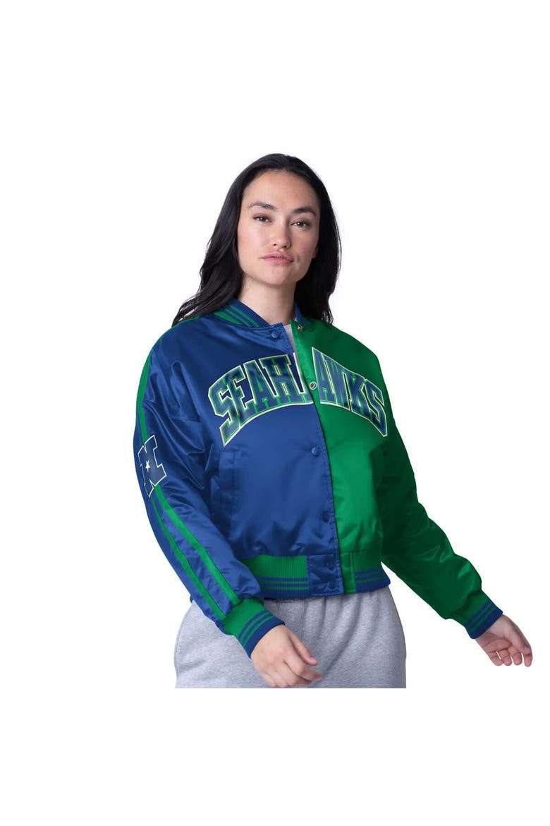 Women's Starter  College Navy/Neon Green Seattle Seahawks Zone Blitz Cropped Full-Snap Satin Jacket, Main, color, College Navy