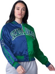 STARTER Women's Starter College Navy/Neon Green Seattle Seahawks Zone Blitz Cropped Full-Snap Satin Jacket