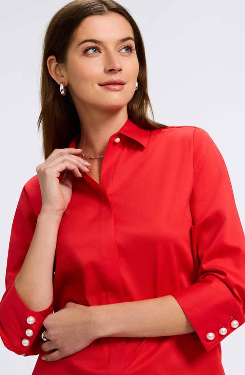 Foxcroft Pearl Three-quarter Sleeve Button-up Shirt In Scarlet Red