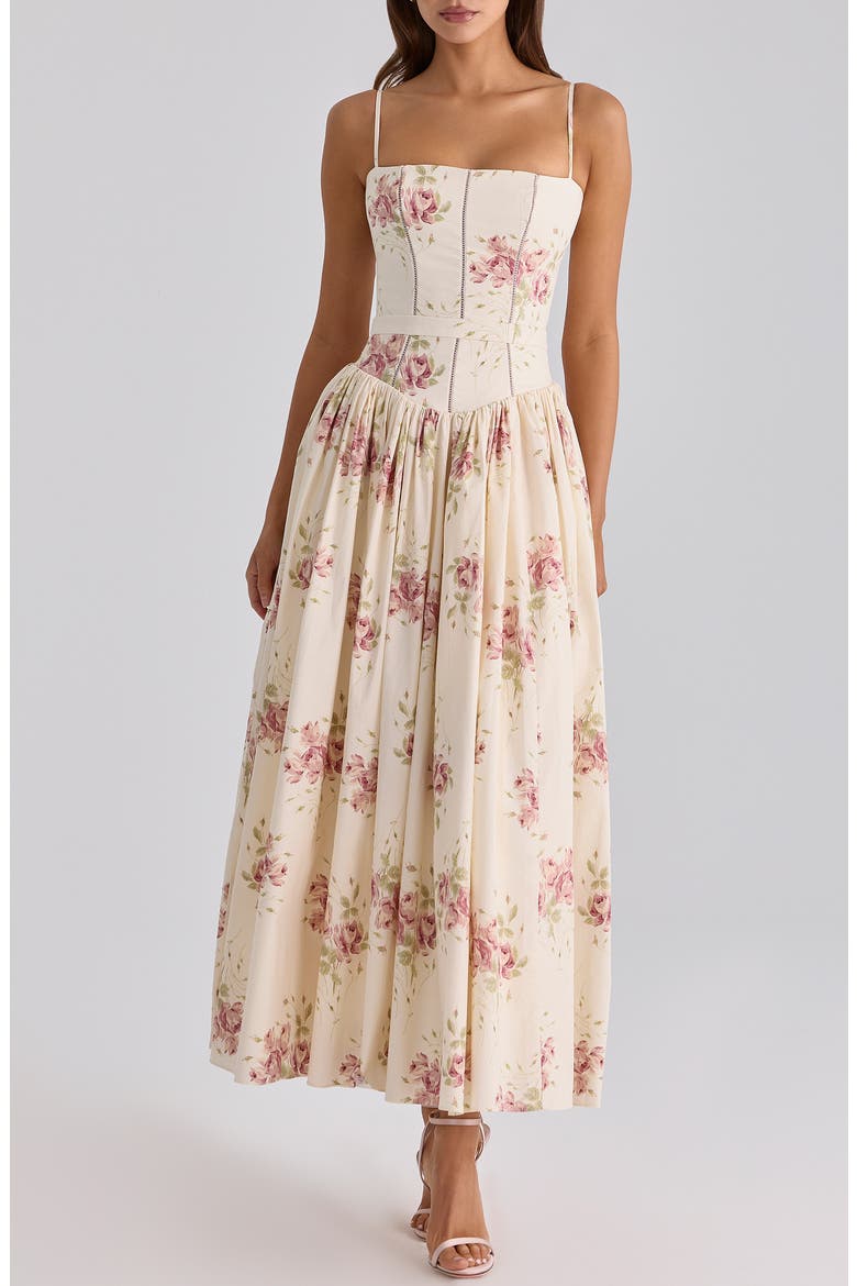 Ysabella Floral Stretch Cotton Maxi Sundress, Main, color, IVORY VINTAGE ROSE PRINT
