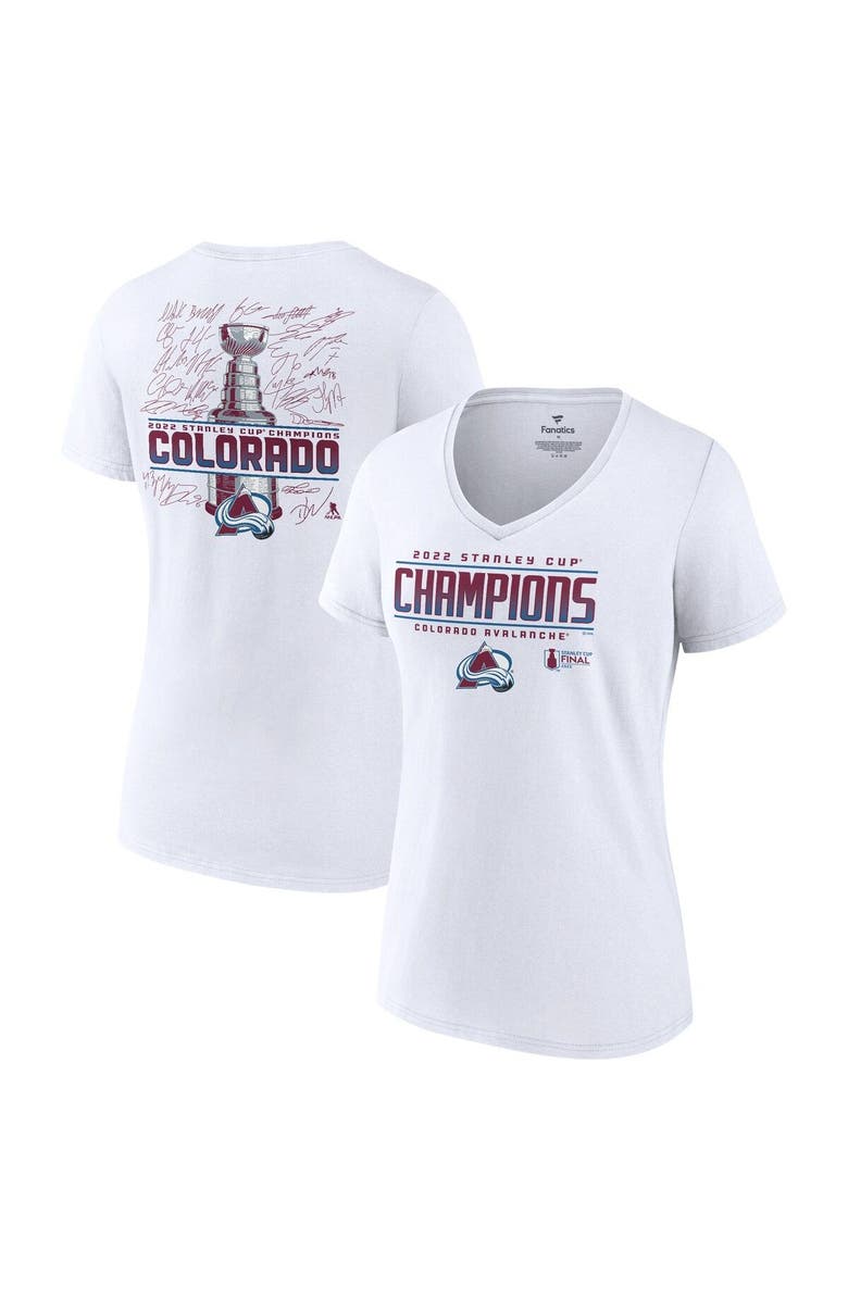 FANATICS Women's Fanatics Branded White Colorado Avalanche 2022 Stanley Cup Champions Signature Roster V-Neck T-Shirt, Main, color, 