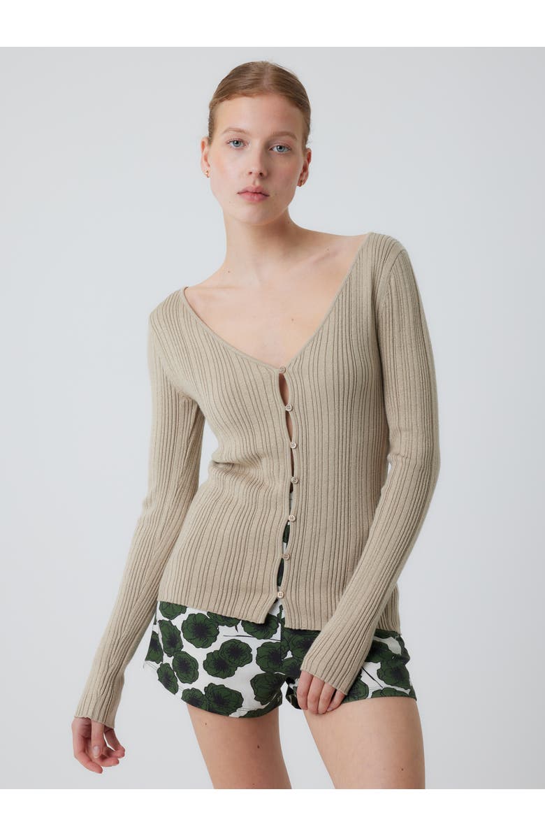 Majestic Filatures Organic Cotton Metallic Rib Knit  V-Neck Cardigan, Main, color, Desert