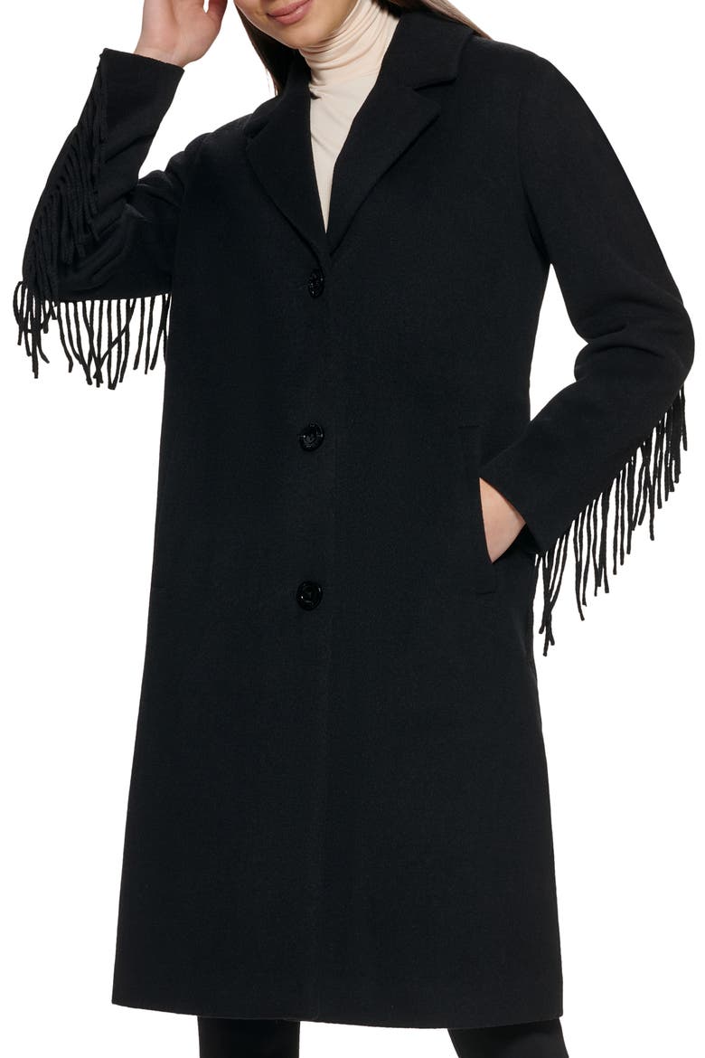 Notched Collar Wool Blend Fringe Coat, Alternate, color, BLACK