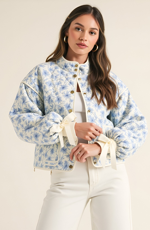 Floral Quilted Jacket with Puff Sleeves and Satin Bow Cuffs