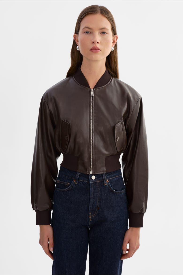 EVELIN | Cropped Faux Leather Bomber Jacket, Alternate, color, Dark Brown