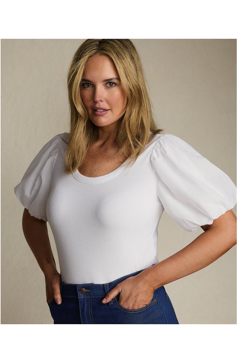 Lands' End Plus Size Drapey Rib Puff Sleeve Scoop Neck Top, Alternate, color, White