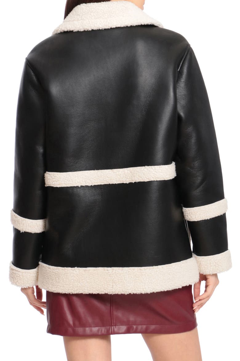 Faux Leather Snap Coat with Faux Shearling Trim, Alternate, color, BLACK/ CREAM