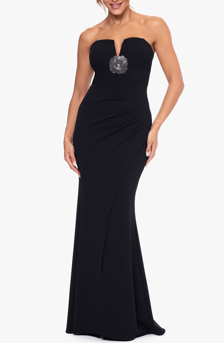 Xscape Evenings Rhinestone Detail Strapless Scuba Crepe Gown, Alternate, color, 