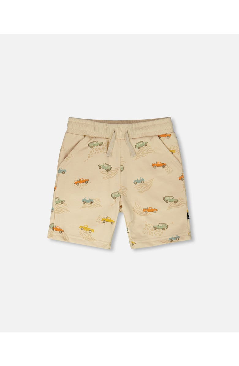 Deux par Deux Elastic Waist Jeep Print French Terry Shorts, Main, color, Beige Jeeps Print