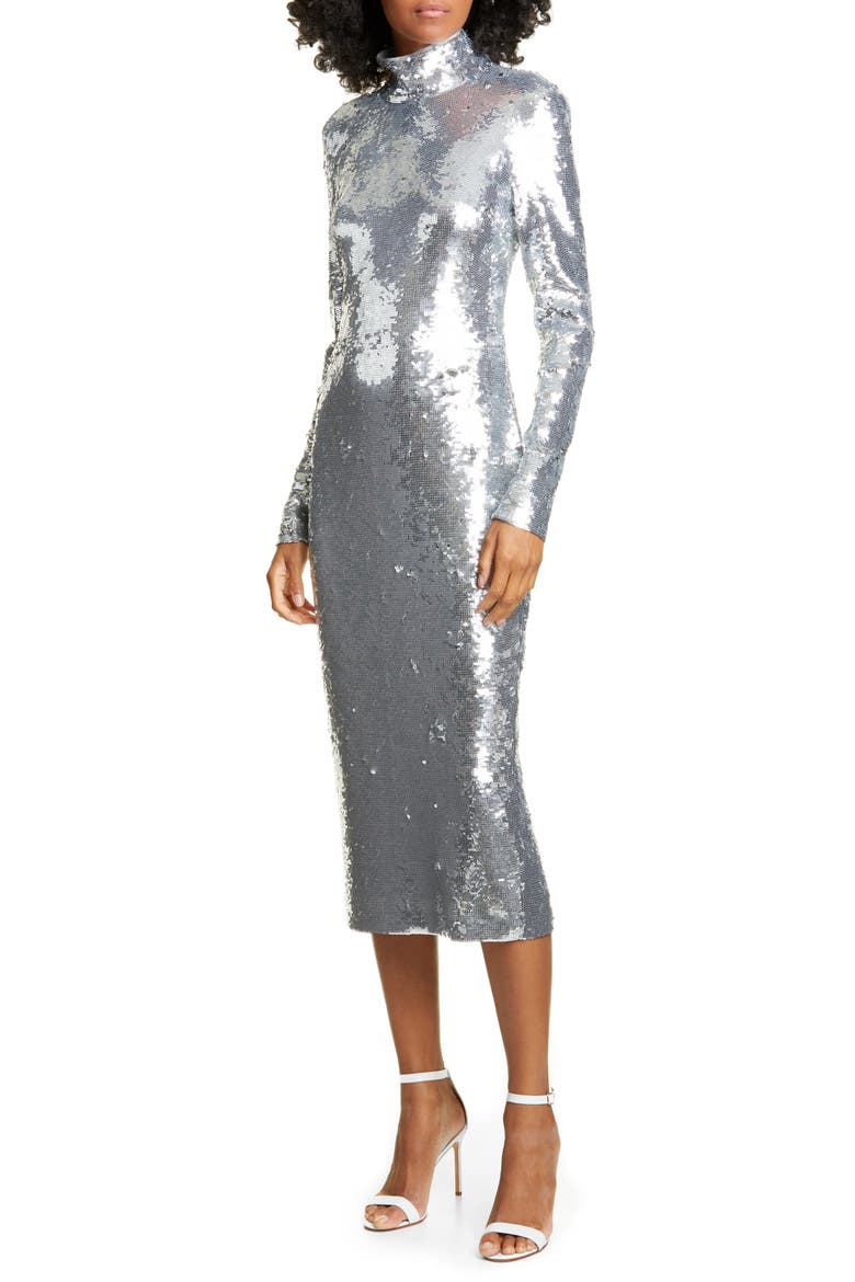 Nila Sequin Long Sleeve Midi Dress, Main, color, SILVER