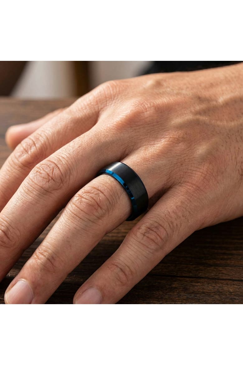 Men's Brushed Black Tungsten Ring Blue Polished Beveled Edge 8mm Wedding Band, Alternate, color, Black Tungsten