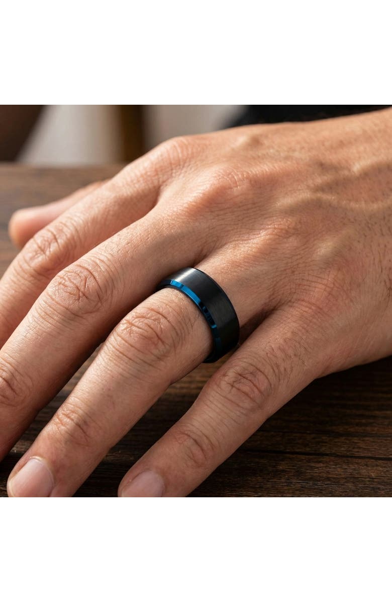Bliss Diamond Men's Brushed Black Tungsten Ring Blue Polished Beveled Edge 8mm Wedding Band, Alternate, color, Black Tungsten