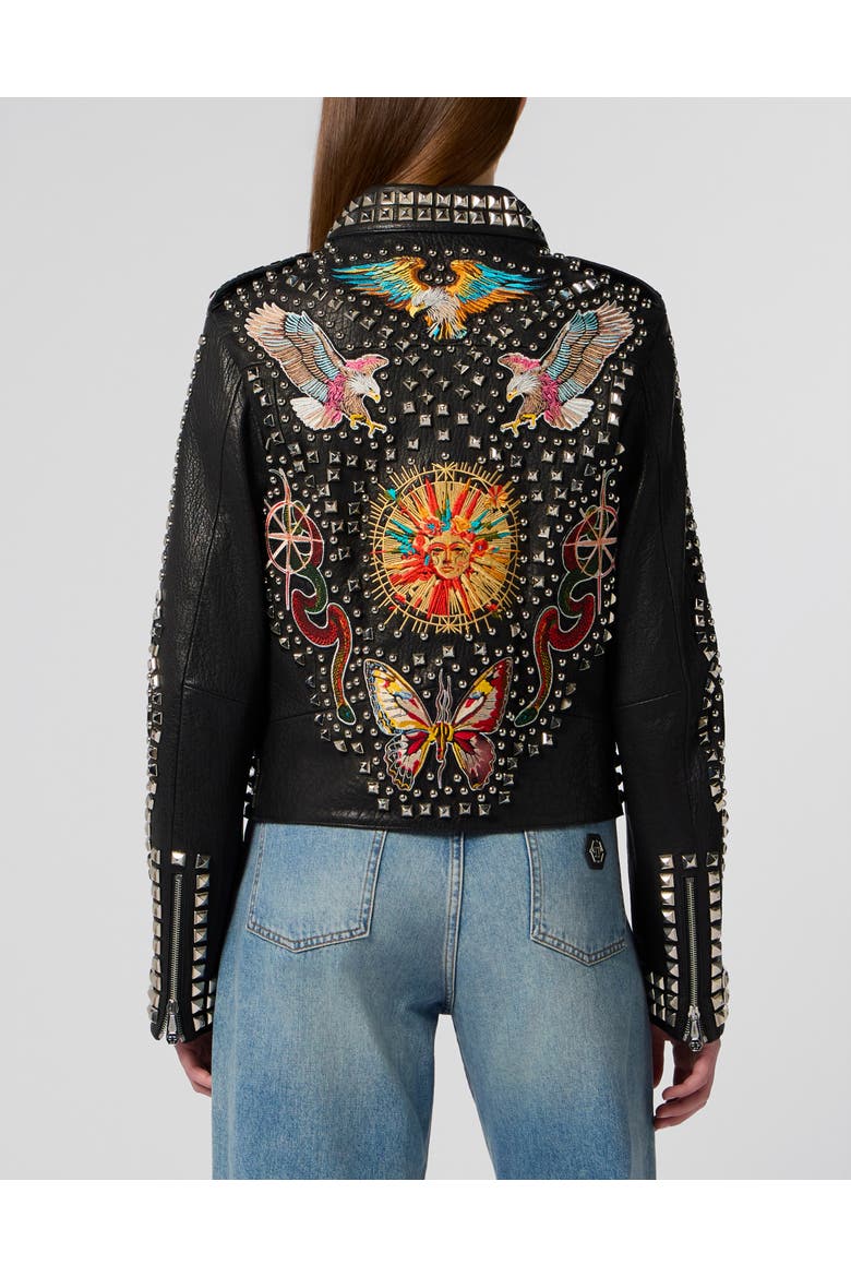 Boxy Fit Biker Jacket Studs &Amp; Patches Women, Alternate, color, black