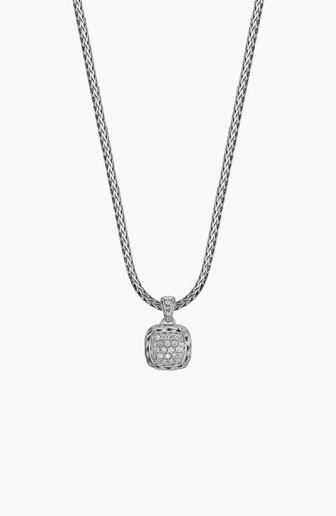 Carved Chain Necklace, Silver, Diamonds