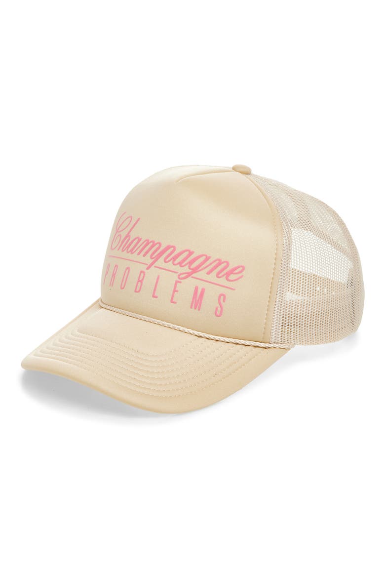 Champagne Problems Trucker Hat, Main, color, KHAKI/ PINK