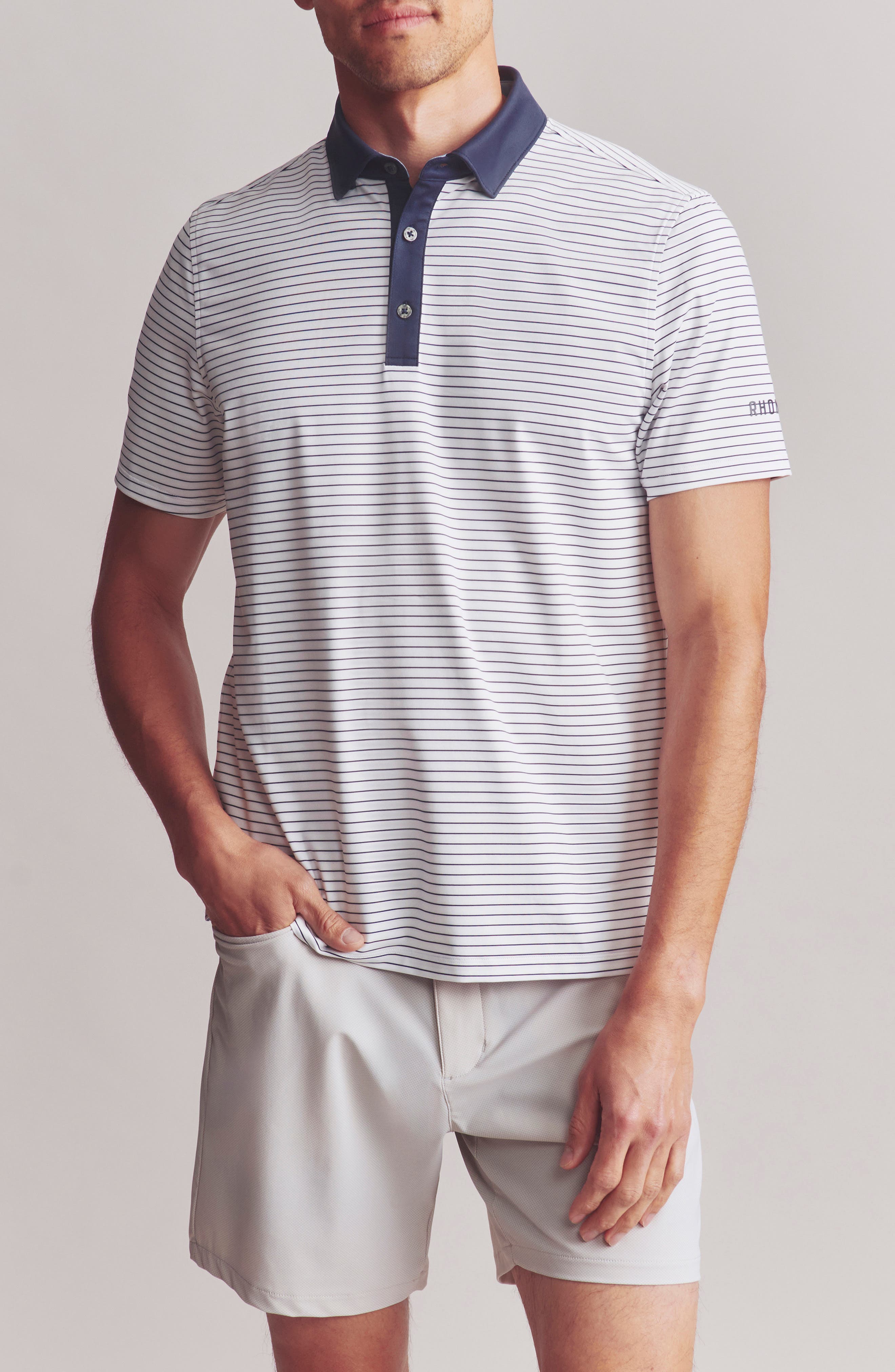 Rhone Performance Golf Polo in Bright White/True Navy Stripe 