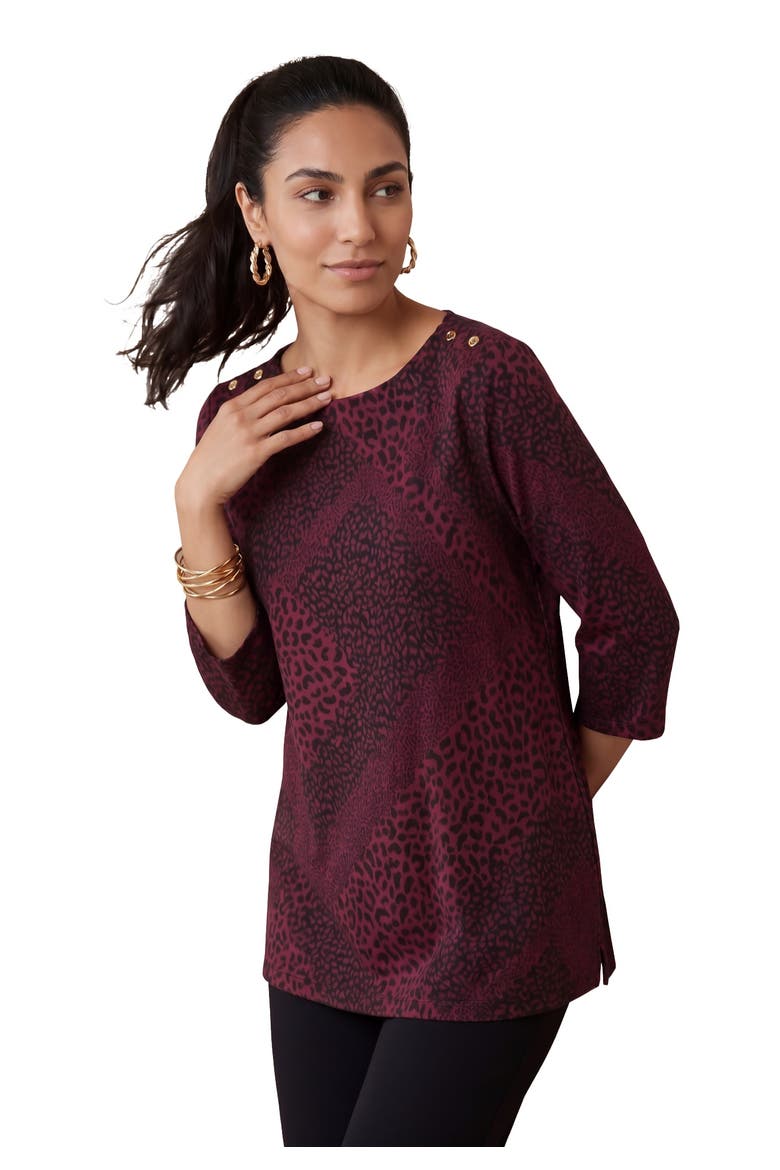 Stretch Cotton Boatneck Tunic, Main, color, BURGUNDY ANIMAL PATCHWORK