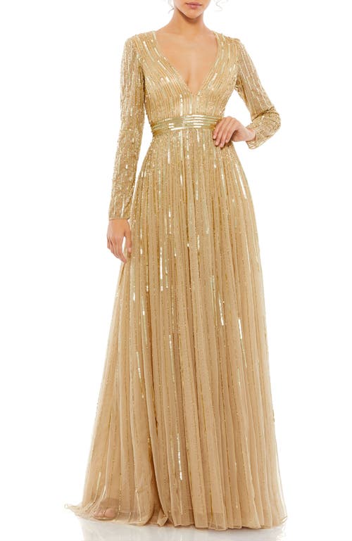 Mac Duggal Sequined Long Sleeve Plunging V-neck Gown In Taupe