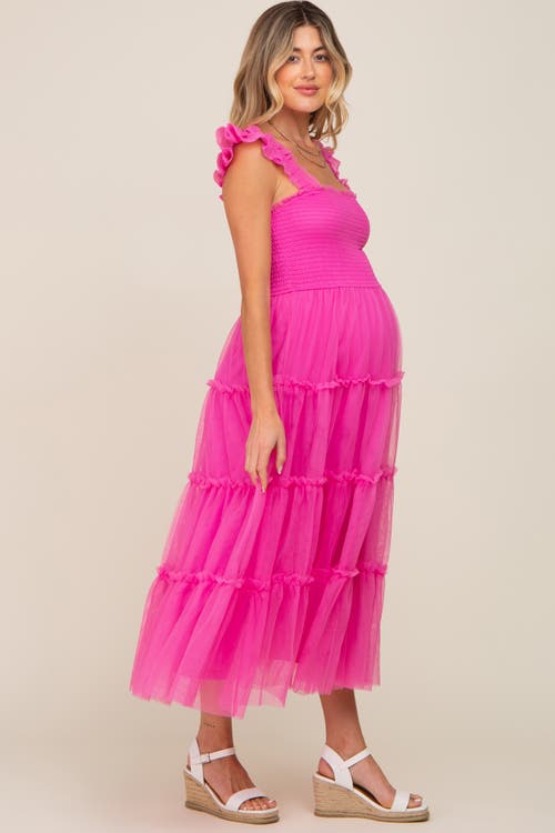 Pinkblush Smocked Mesh Ruffle Accent Midi Dress In Pink