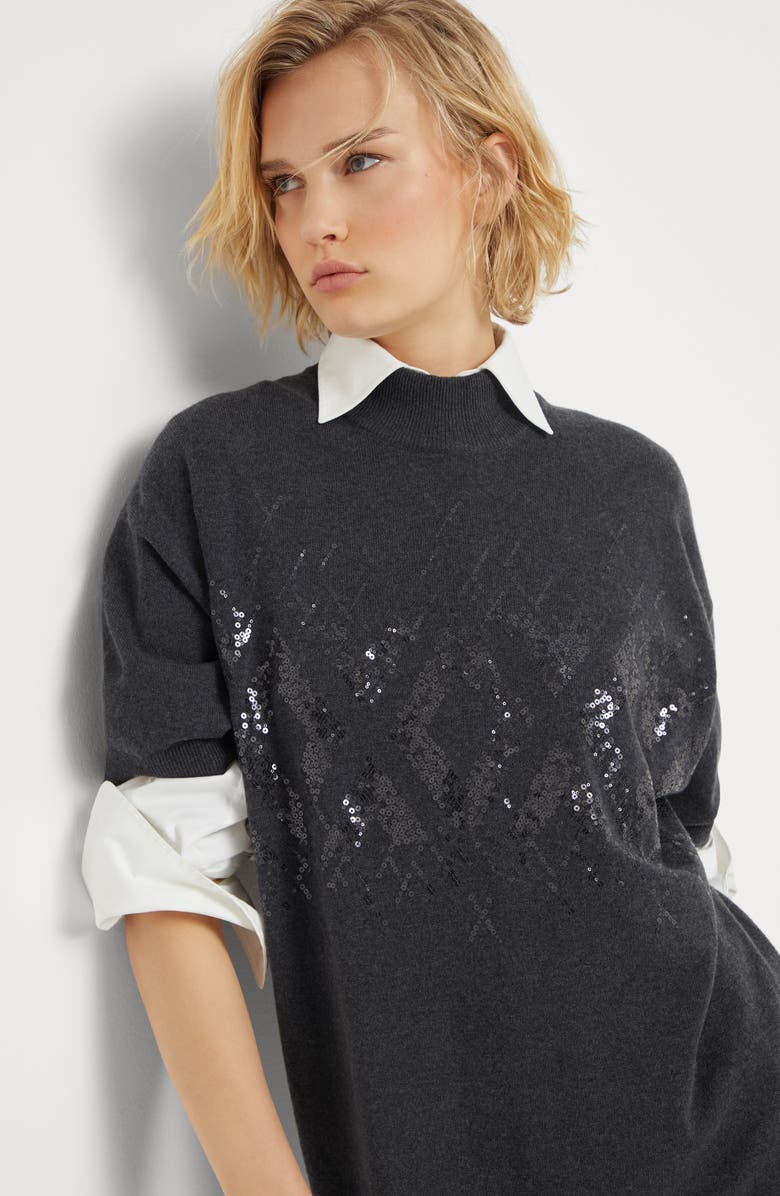 Brunello Cucinelli Virgin wool, cashmere and silk knit dress with dazzling mosaic embroidery, Alternate, color, 