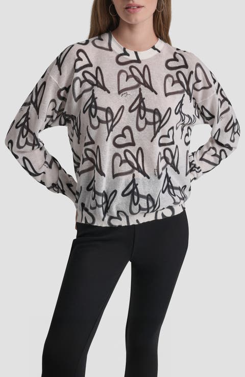 Lightweight Graffiti Heart Print Sweater