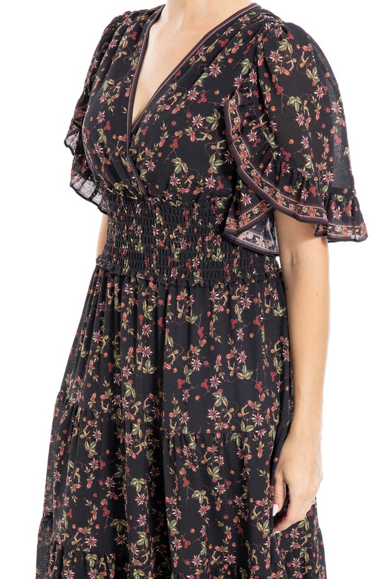 Ruffle Sleeve Tiered Maxi Dress, Alternate, color, BLACK/ GREEN FLORAL