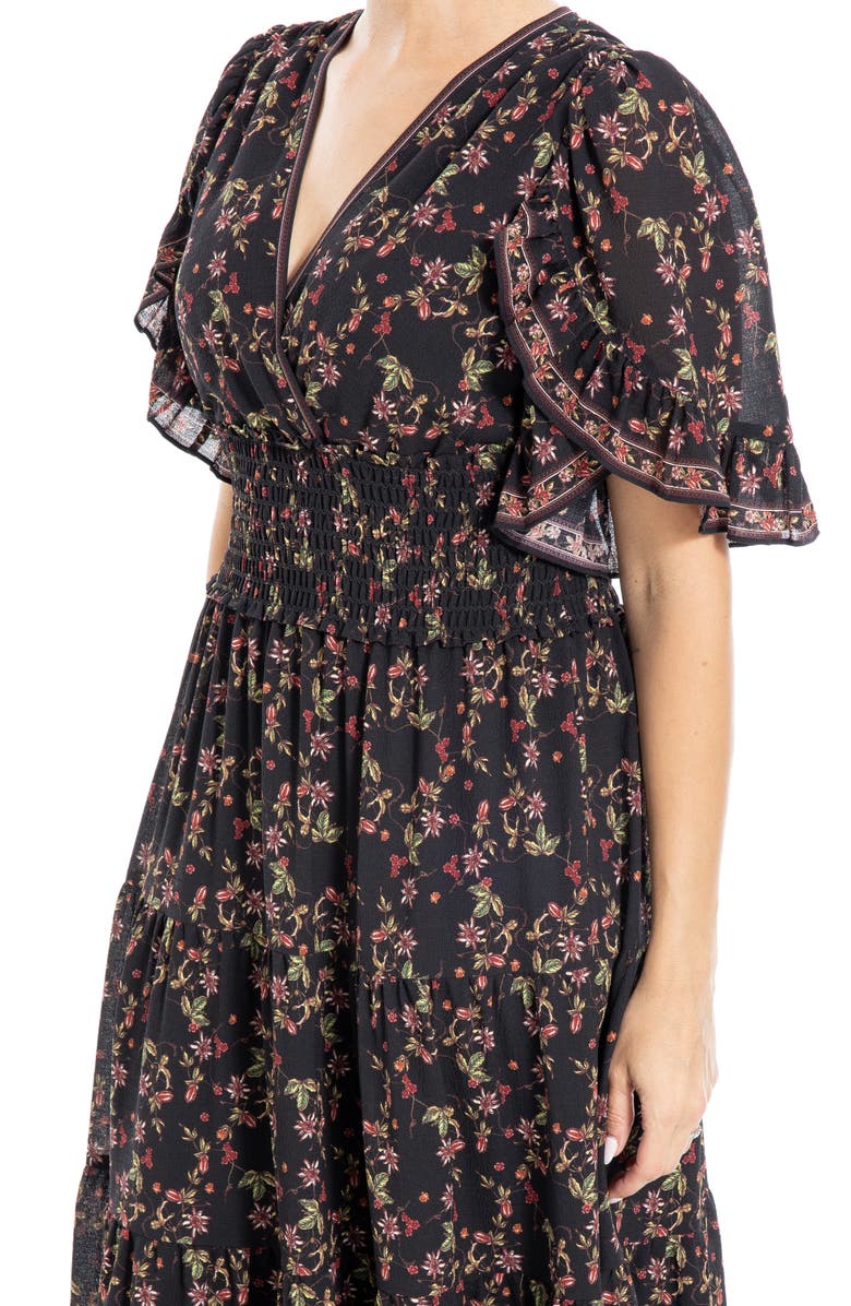 MAX STUDIO Ruffle Sleeve Tiered Maxi Dress, Alternate, color, Black/ Green Floral