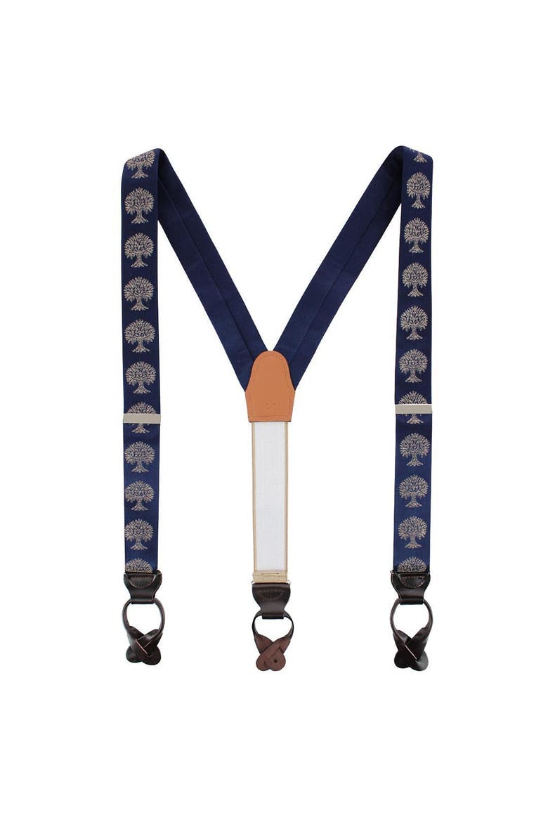 Heritage Oak Tree Novelty Silk Button End Suspenders, Alternate, color, Navy Blue