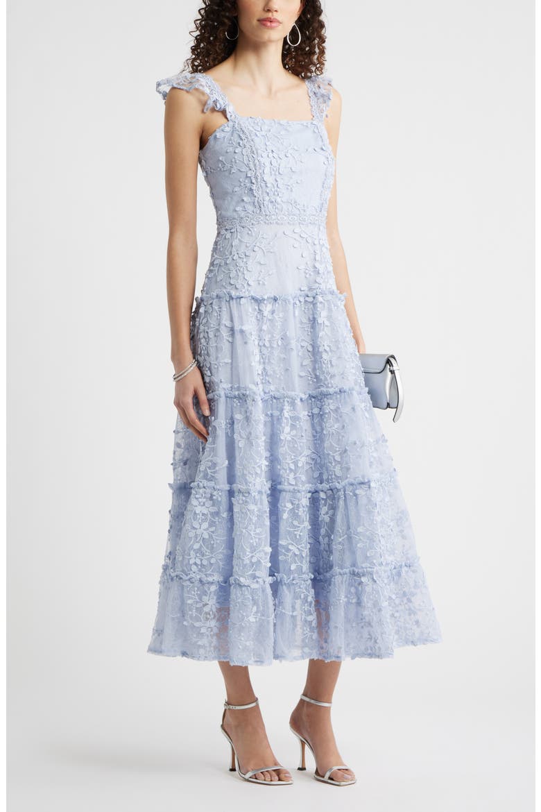 3D Floral Lace Tiered Midi Dress, Alternate, color, BLUE HALOGEN