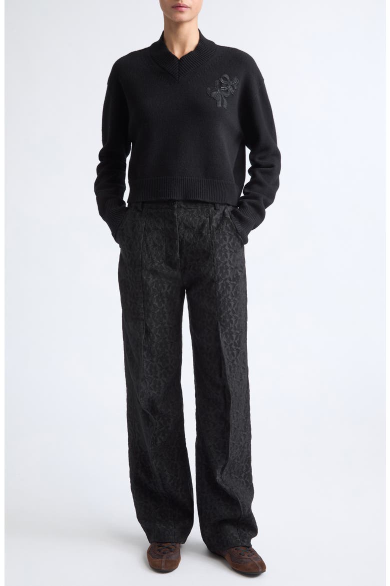 Drusilla Embroidered Bow Wool Sweater, Alternate, color, BLACK