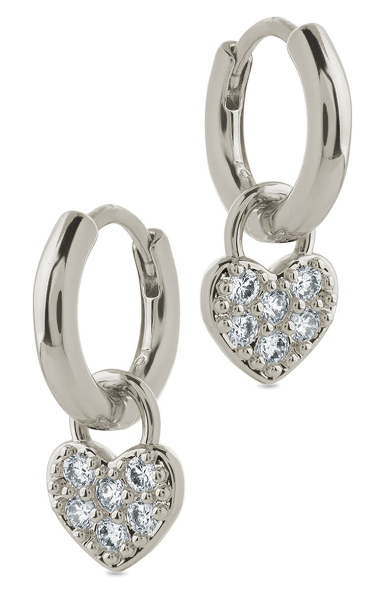 Sterling Forever Jeanette Pavé Cubic Zirconia Heart Drop Huggie Hoop Earrings, Alternate, color, Silver