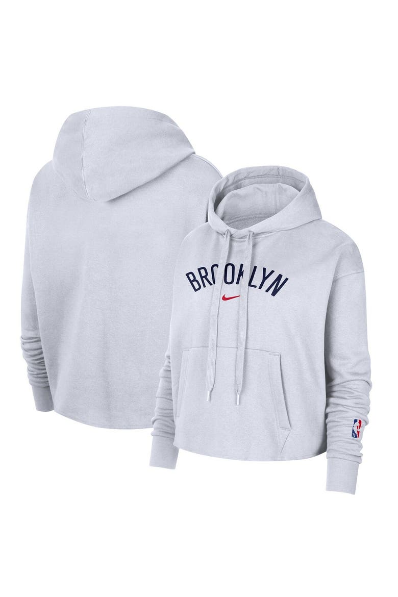 Women's Nike White Brooklyn Nets 2021/22 City Edition Essential Logo Cropped Pullover Hoodie, Main, color, White